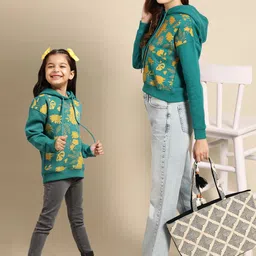 Sangria Women Green & Mustard Yellow Printed Drop- Shoulder Sleeves Hooded Sweatshirt-picture-39