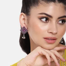 AITIHYA Silver-Plated Oxidised Artificial Stones Geometric Studs-picture-35