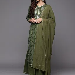 Indo Era Women Green Bandhani Printed Thread Work Kurta with Sharara & With Dupatta-image-10