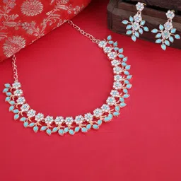 Atasi International Rose Gold-Plated  White & Blue CZ Stone-Studded Leaf Shaped Jewellery Set-picture-24