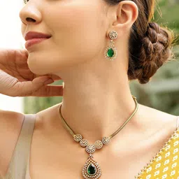 Rubans 22K Gold-Plated Emerald Green & White Cubic Zirconia Studded Floral Necklace Set-picture-53