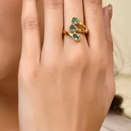 AQUASTREET 18K Gold Plated Waterproof Antitarnish Titanium Steel 3 Blue Glass Stone Ring-picture-27