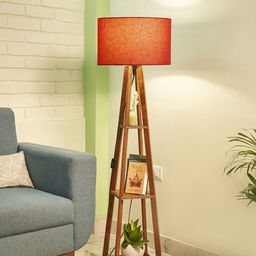 Crosscut Red & Brown Wooden Cylinder Shaped Floor Lamp With Shelves-picture-39