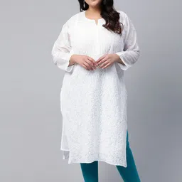 Ada Women Plus Size White Floral Embroidered Chikankari Handloom Kurta-picture-5