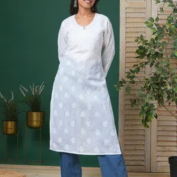 ADA Women White Chikankari Hand Embroidered Sheer Straight Sustainable Handloom Kurta-picture-33