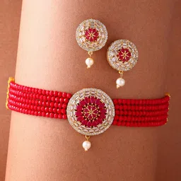 ZENEME Gold-Plated Red Cz Studded & Beaded Multistrand Choker Necklace Jewellery Set-picture-48