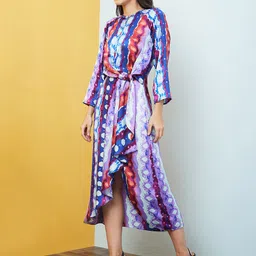 Globus Blue & Purple Abstract Printed Waist Tie-Ups Ruffles Satin A-Line Dress image 2