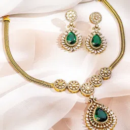 Rubans 22K Gold-Plated Emerald Green & White Cubic Zirconia Studded Floral Necklace Set image 4