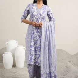 Libas Floral Printed V Neck Pure Cotton Straight Kurta With Salwar And Dupatta image 3