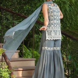Juniper Floral Embroidered Sleeveless Georgette Kurta With Sharara & Dupatta image 4