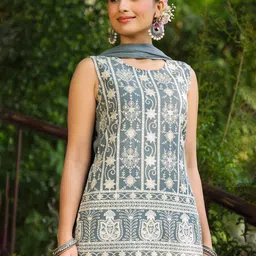Juniper Floral Embroidered Sleeveless Georgette Kurta With Sharara & Dupatta image 3