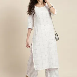Vishudh Women Off-White & Black Checked Straight Kurta With Striped Palazzos image 2