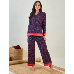 The Kaftan Company Women Navy Blue Printed Full Sleeves Shirt with Pyjama (Set of 2) image 1