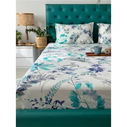 Urban Space Cotton Fitted Bedsheet Double Bed with 2 Pillow Covers(Floral Blue) image 1