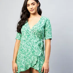 DELAN Women Green Floral Printed Wrap Dress-picture-27