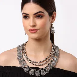 Arrabi Oxidised Silver-Toned & Black Beaded Jewellery With 2 Earrings Set-picture-24