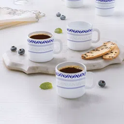 Larah by BOROSIL 6 Pcs White & Blue Printed Opalware Matte Mugs - 100 ML Each-picture-16