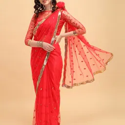 Sangria Red & Silver-Toned Embellished Sequinned Supernet Heavy Work Saree-image-67