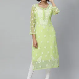 ADA Women Green & White Paisley Chikankari Embroidered Layered Straight Sustainable Kurta With Slip-picture-27