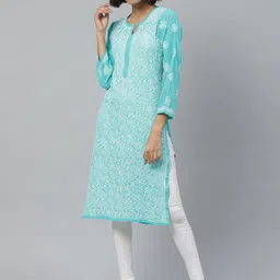 ADA Women Sea Green & White Floral Chikankari Embroidered Straight Sustainable Handloom Kurta-picture-37