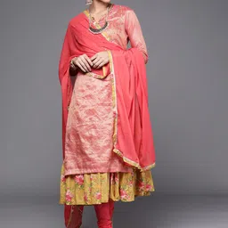 Biba Women Pink & Yellow Ethnic Motifs Yoke Design Layered Kurta with Churidar & Dupatta-picture-37