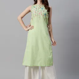 Biba Women Green Floral Printed Detail Solid Straight Kurta-image-92