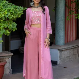 KASYA Embroidered Crop Top With Shrug & Palazzos-picture-40