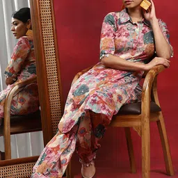 AKS Couture Floral Printed Shirt Collar Pure Cotton Straight Kurta With Salwar-image-49