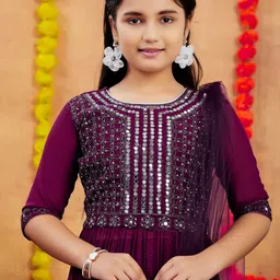 BAESD Girls Ethnic Motifs Embroidered Regular Mirror Work Kurta with Sharara & With Dupatta image 2