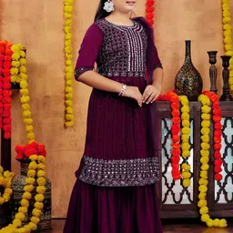 BAESD Girls Ethnic Motifs Embroidered Regular Mirror Work Kurta with Sharara & With Dupatta image 4