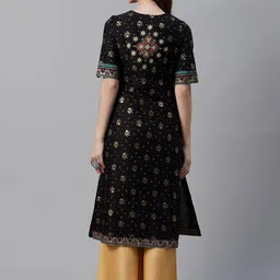Biba Women Black & Golden Printed A-Line Kurta image 3