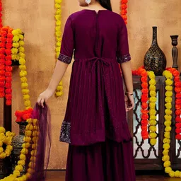 BAESD Girls Ethnic Motifs Embroidered Regular Mirror Work Kurta with Sharara & With Dupatta image 3