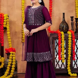 BAESD Girls Ethnic Motifs Embroidered Regular Mirror Work Kurta with Sharara & With Dupatta image 5