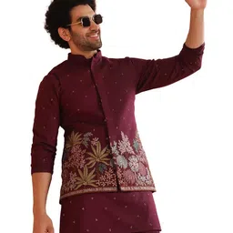 kisah Men Wine Embroidered Nehru Jacket with Floral image 1