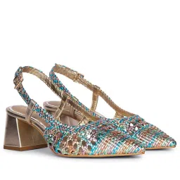 Saint G Women Turquoise Multi Hand Woven Leather Block Sandal Heels-picture-11