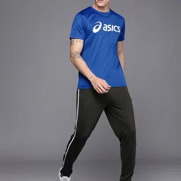 ASICS Men Blue Brand Logo Print Silver Quick Dry Training Or Gym T-shirt-picture-18