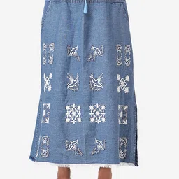 SUMAVI-FASHION Embroidered Denim Flared Maxi Skirt-picture-10