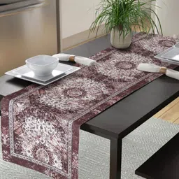 HOSTA HOMES Maroon & White Ethnic Motifs Printed Velvet Table Runner image 1