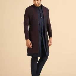 kisah Men's Indo-Western Waistcoat Sherwani Trouser Set, Wine Jacquard, Woven Design Regular Fit Mandarin Collar Long Sleeves image 3