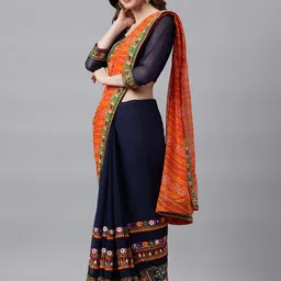 KAVINDI Embroidered & Embellished Pure Georgette Half and Half Bandhani Saree image 2