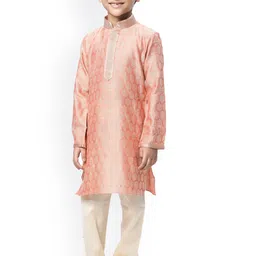 Manyavar Boys Coral Pink & Cream-Coloured Ethnic Motifs Kurta with Churidar image 1