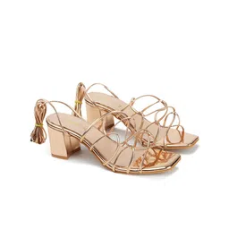 DressBerry Rose Gold-Toned Textured Open Toe Block Heels image 4