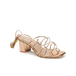 DressBerry Rose Gold-Toned Textured Open Toe Block Heels image 3