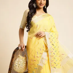 ALAGINI Ethnic Motifs Embroidered Mirror Work Pure Linen Maheshwari Saree image 5