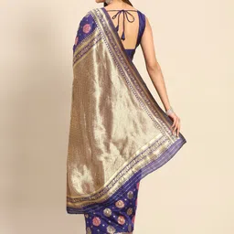 anouk rustic Anouk Navy Blue & Gold-Toned Floral Silk Blend Banarasi Saree image 3