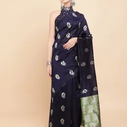 Sangria Navy Blue & Green Woven Design Zari Silk Blend Banarasi Saree-picture-14