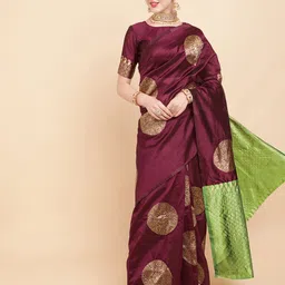 Sangria Burgundy & Green Woven Design Zari Silk Blend Banarasi Saree-picture-41