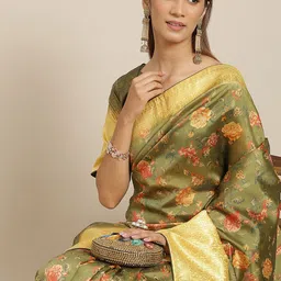 RAJGRANTH Green & Gold-Toned Floral Zari Silk Cotton Banarasi Saree-picture-40