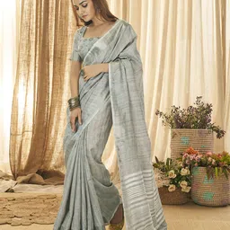 elora Grey Woven Design Zari Linen Blend Bhagalpuri Saree-picture-43