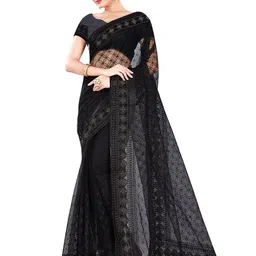 ODETTE Black Embellished Embroidered Net Saree-image-1